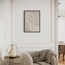 Load image into Gallery viewer, beige minimalist textured artwork with line and curve design framed in black metal frame for neutral interiors