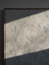 Load image into Gallery viewer, details shot of off-white 'wabi-sabi' style textured artwork framed in oak tray frame, large statement artwork for home or office