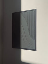 Load image into Gallery viewer, off black minimalist textured artwork with line detail and wave design framed in black metal frame
