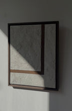 Load image into Gallery viewer, off white 'wabi-sabi' style textured artwork with stained wood line detail framed in walnut tray frame