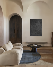 Load image into Gallery viewer, large black 'wabi-sabi' style textured artwork framed in a walnut tray frame, statement artwork for home or office