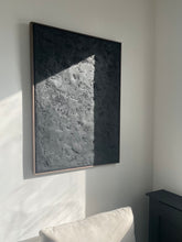 Load image into Gallery viewer, living room artwork large black 'wabi-sabi' style textured artwork framed in a walnut tray frame