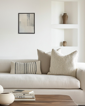 Load image into Gallery viewer, neutral living room artwork, 'wabi-sabi' style artwork with subtle texture in muted off-white, light beige, faded black tones framed in a walnut tray frame