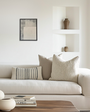 Load image into Gallery viewer, neutral living room artwork 'wabi-sabi' style artwork with subtle texture in muted off-white, light beige, faded black tones framed in a walnut tray frame