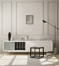 Load image into Gallery viewer, neutral modern minimalist living room artwork, 'wabi-sabi' style artwork with subtle texture in muted off-white, light beige, faded black tones framed in a walnut tray frame