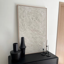 Load image into Gallery viewer, commissioned off-white and 'wabi-sabi' style textured artwork framed in oak colour tray frame