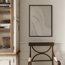 Load image into Gallery viewer, beige minimalist textured artwork with line detail and wave design framed in walnut colour tray frame for neutral interiors