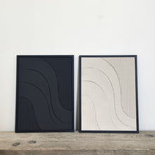 Load image into Gallery viewer, black and beige minimalist textured artwork with line detail and wave design framed in black metal frame
