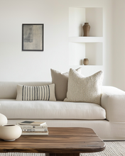 Load image into Gallery viewer, neutral living room artwork, &#39;wabi-sabi&#39; style artwork with subtle texture in muted off-white, light beige, faded black tones framed in a walnut tray frame
